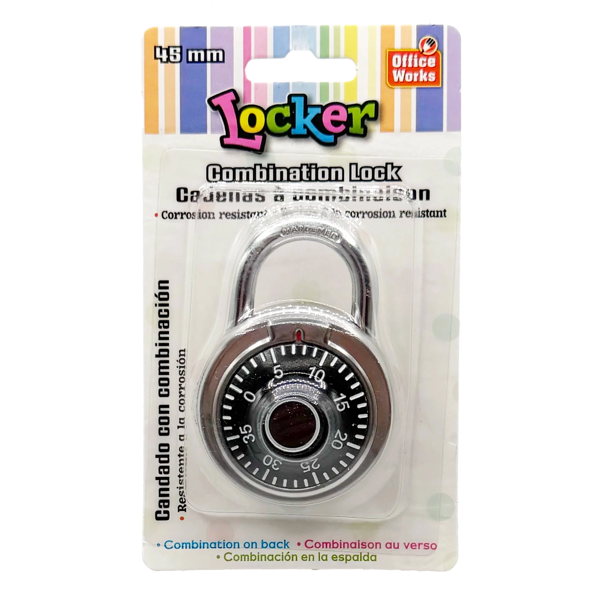 45mm Office Works brand metal combination padlock designed for school or office lockers.